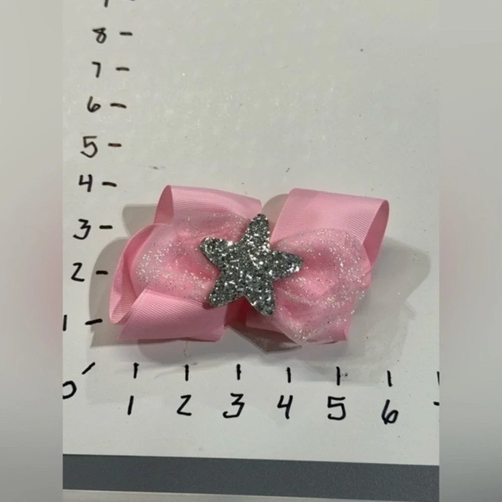 Unbranded Girls Pink Grosgrain Hair Bow Silver Glitter Star Tulle Clip Accessory